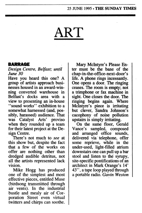 Gavin Weston, 'Barrage', The Sunday Times, June 25, 1995